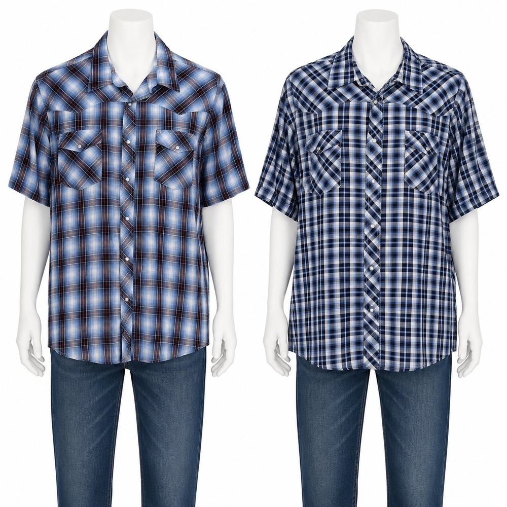 Wrangler Western Pearl Snap Shirts Set of 2 XL Blue Plaid Cowboy Workwear Ranch
